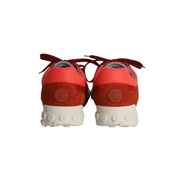 Chanel CC Logo Low Top Sneakers in Red and Neon Orange Leather and Fabric - Picture 4 of 12